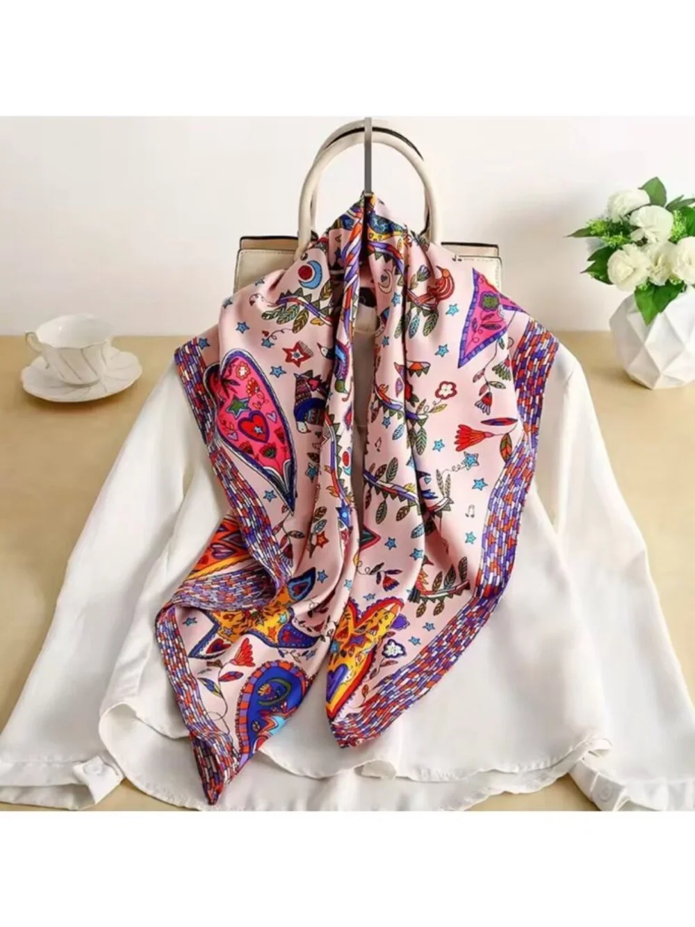 New Square Scarf Silk Satin Printed Pink Tree Birds Heart Whimsical Novelty